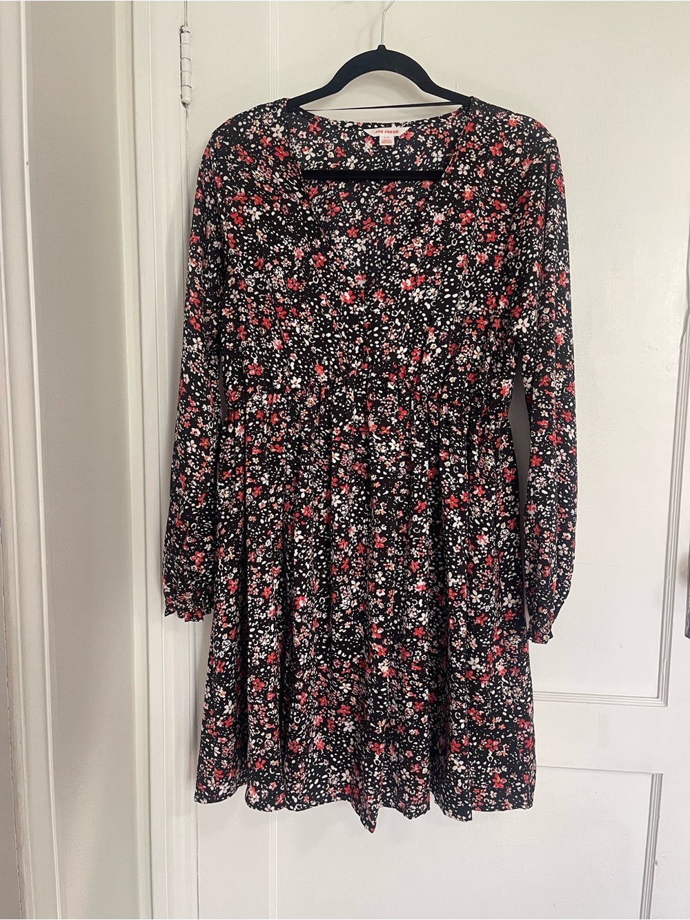 Floral Long-Sleeve Dress - Black with Pink & White Flowers